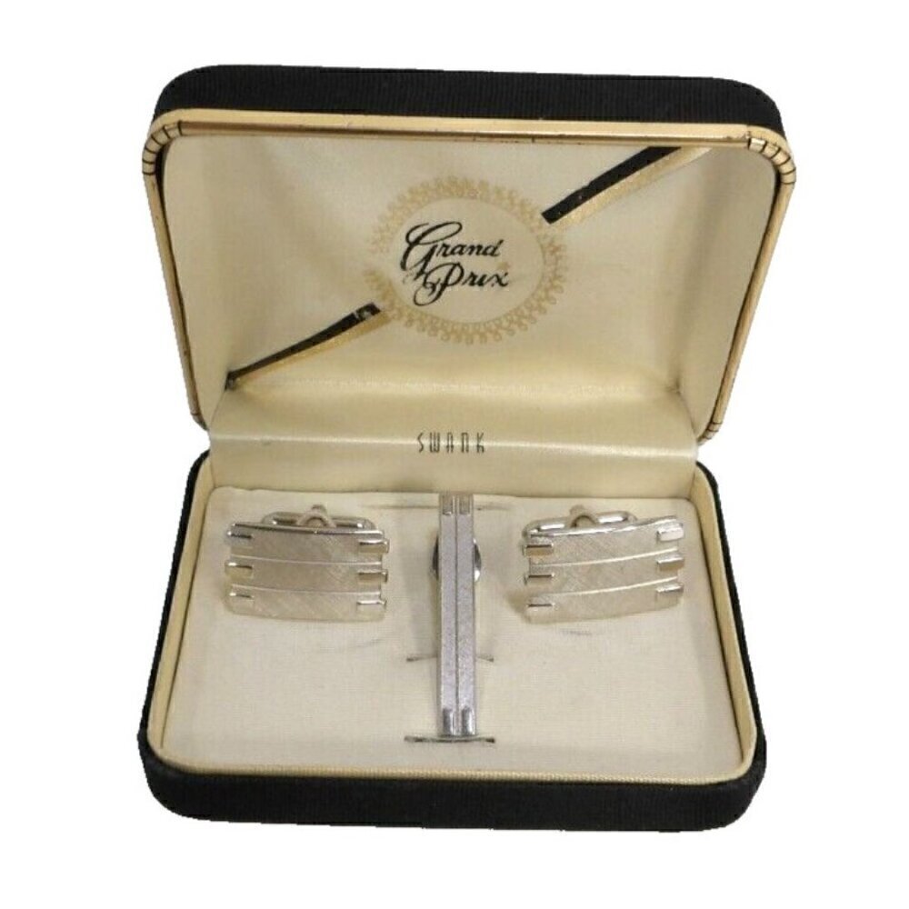 SWANK vintage silver tone cufflinks approx 3/4 x 1 inch & matching tie clip